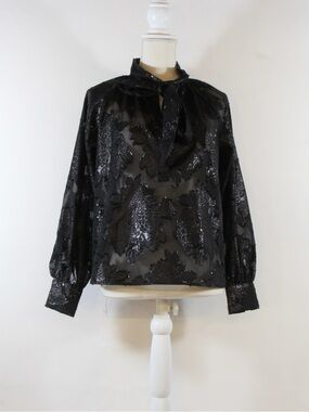 Worthington Black Shimmering Sheer Mock Neck Long Sleeve Blouse NWT